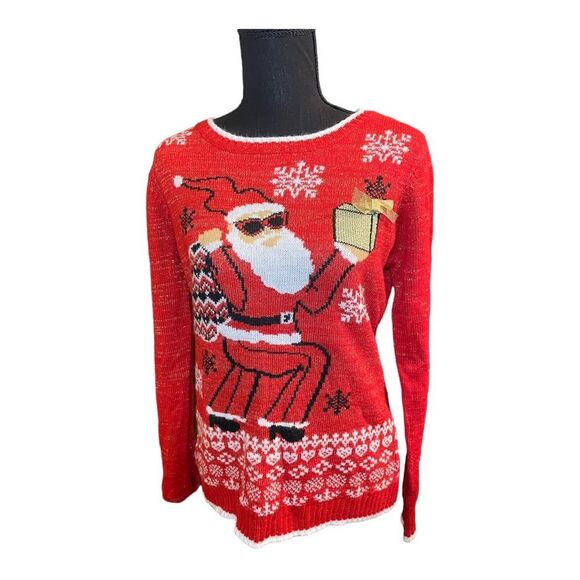 Trendy Ms. Claus Red Metallic Sparkling Christmas Sweater - Picture 3 of 9